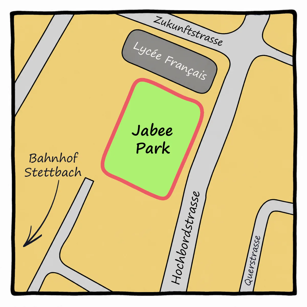 Hier befindet sich der Jabee-Park. Eine gezeichnete Karte als Situationsplan für einen Park.